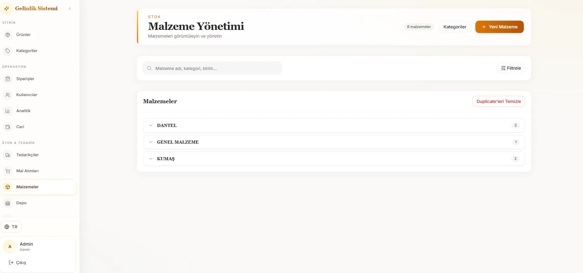 Merkez admin: malzeme yönetimi