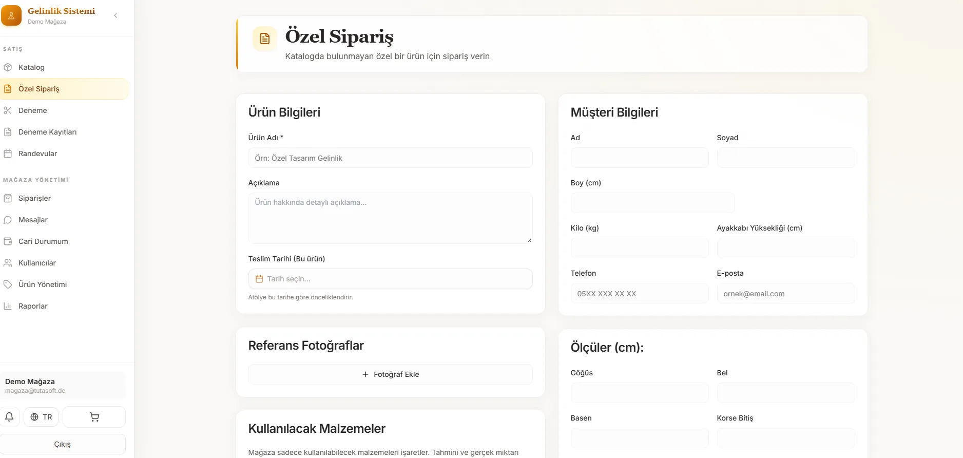 Mağaza paneli: özel sipariş formu